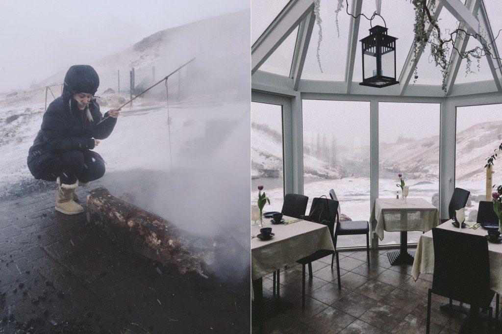 boiling eggs using geothermal heat (left) and the spectacular views of Frost And Fire dining room (right)